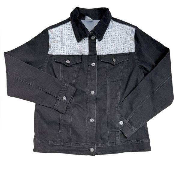 Y2K Silver Studded Black Denim Trucker Jacket Women's Size M Edgy Western Baddie - Picture 1 of 8